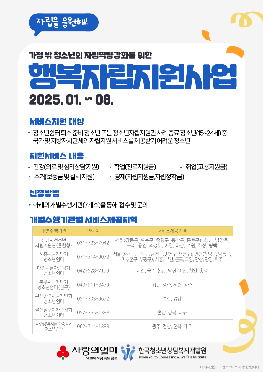 (공지용)2024년 가정 밖 청소년을 위한 1차년도 행복자립 지원사업 안내 및 홍보 자료.hwp 하단내용참조