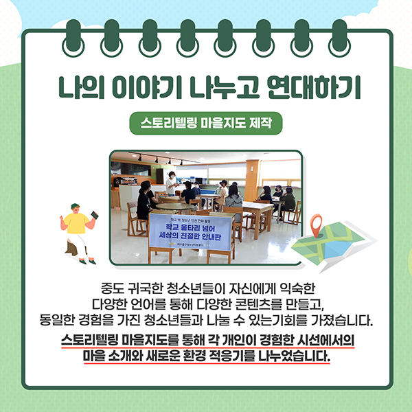 나의 이야기 나누고 연대하기 - 스토리텔링 마을지도 제작 - 중도 귀국한 청소년들이 자신에게 익숙한 다양한 언어를 통해 다양한 콘텐츠를 만들고, 동일한 경험을 가진 청소년들과 나눌 수 있는 기회를 가졌습니다. 스토리텔링 마을지도를 통해 각 개인이 경험한 시선에서의 마을 소개와 새로운 환경 적응기를 나누었습니다.