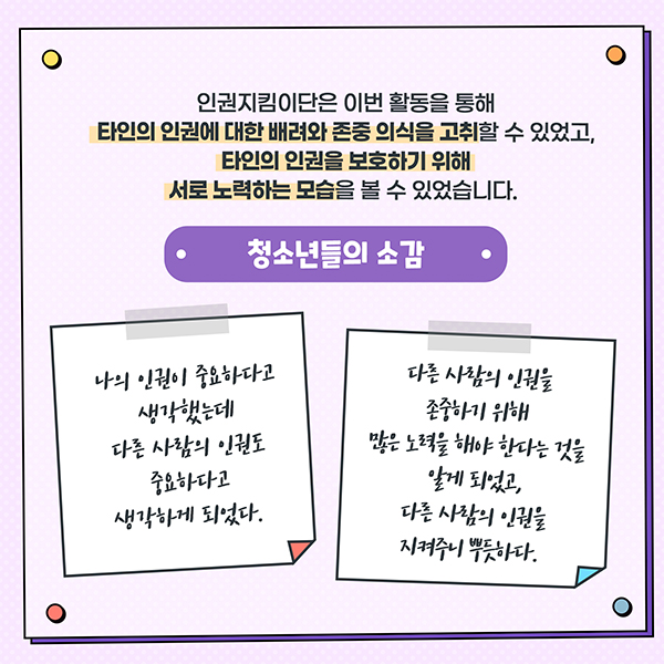 인권지킴이단은 이번 활동을 통해 타인의 인권에 대한 배려와 존중 의식을 고취할 수 있었고, 타인의 인권을 보호하기 위해 서로 노력하는 모습을 볼 수 있었습니다.