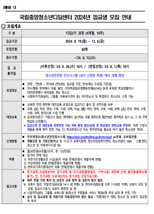 2024년 국립중앙청소년디딤센터 디딤과정 2기 입교 모집