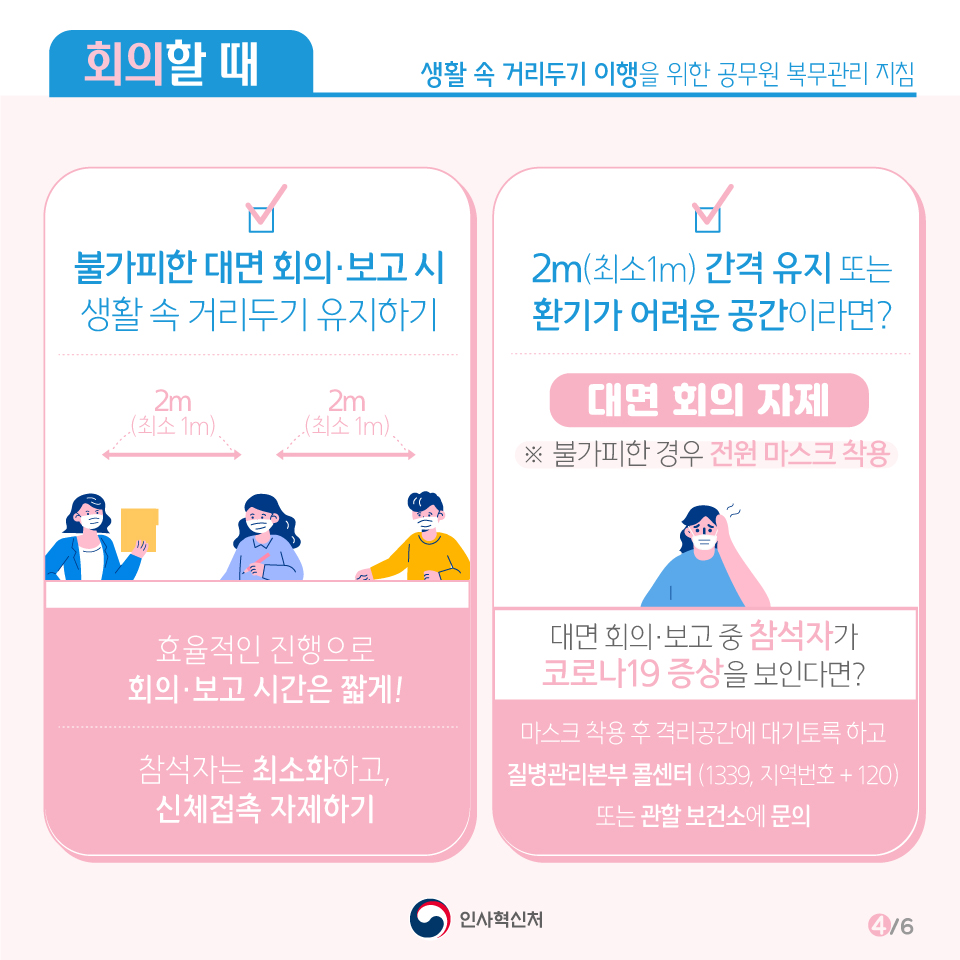 [회의할 때] *불가피한 대면 회의·보고 시 생활 속 거리두기 유지하기 - 효율적인 진행으로 회의·보고 시간은 짧게! - 참석자는 최소화하고, 신체접촉 자제하기 *2m(최소1m) 간격 유지 또는 환기가 어려운 공간이라면? - 대면 회의 자제(불가피한 경우 전원 마스크 착용) - 대면 회의·보고 중 참석자가 코로나19 증상을 보인다면? : 마스크 착용 후 격리공간에 대기토록 하고 질병관리본부 콜센터(1339, 지역번호 + 120) 또는 관할 보건소에 문의