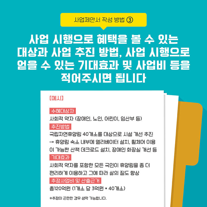 [사업제안서 작성 방법 3] 사업시행으로 혜택을 볼 수 있는 대상과 사업 추진 방법, 사업 시행으로 얻을 수 있는 기대효과 및 사업비 등을 적어주시면 됩니다. (예시: *수혜대상자-사회적 약자(장애인, 노인, 어린이, 임산부 등) *추진방법 - 국립자연휴양림 40개소를 대상으로 시설 개선 추진 → 휴양림 숙소 내부에 엘리베이터 설치, 휠체어 이용이 가능한 산책 데크로드 설치, 장애인 화장실 개선 등 *기대효과 - 사회적 약자를 포함한 모든 국민이 휴양림을 좀 더 편리하게 이용하고 그에 따라 삶의 질도 향상 *추정사업비 및 산출근거 - 총120억원 (1개소 당 3억원 * 40개소) *추정이 곤란한 경우 생략 가능합니다.