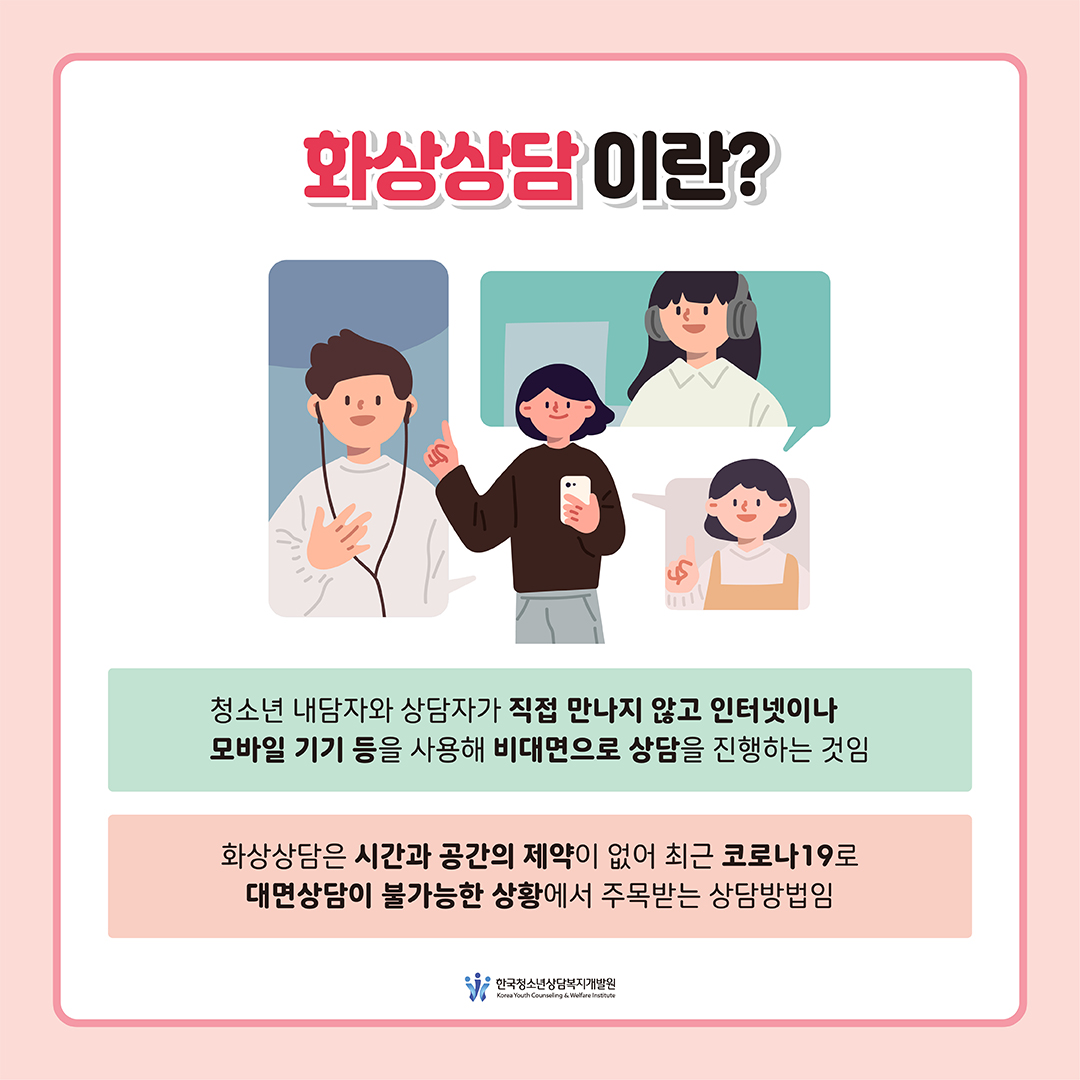 [화상 상담이란?] - 청소년 내담자와 상담자가 직접 만나지 않고 인터넷이나 모바일 기기 등을 사용해 비대면으로 상담을 진행하는 것임 - 화상상담은 시간과 공간의 제약이 없어 최근 코로나 19로 대면상담이 불가능한 상황에서 주목받는 상담방법임