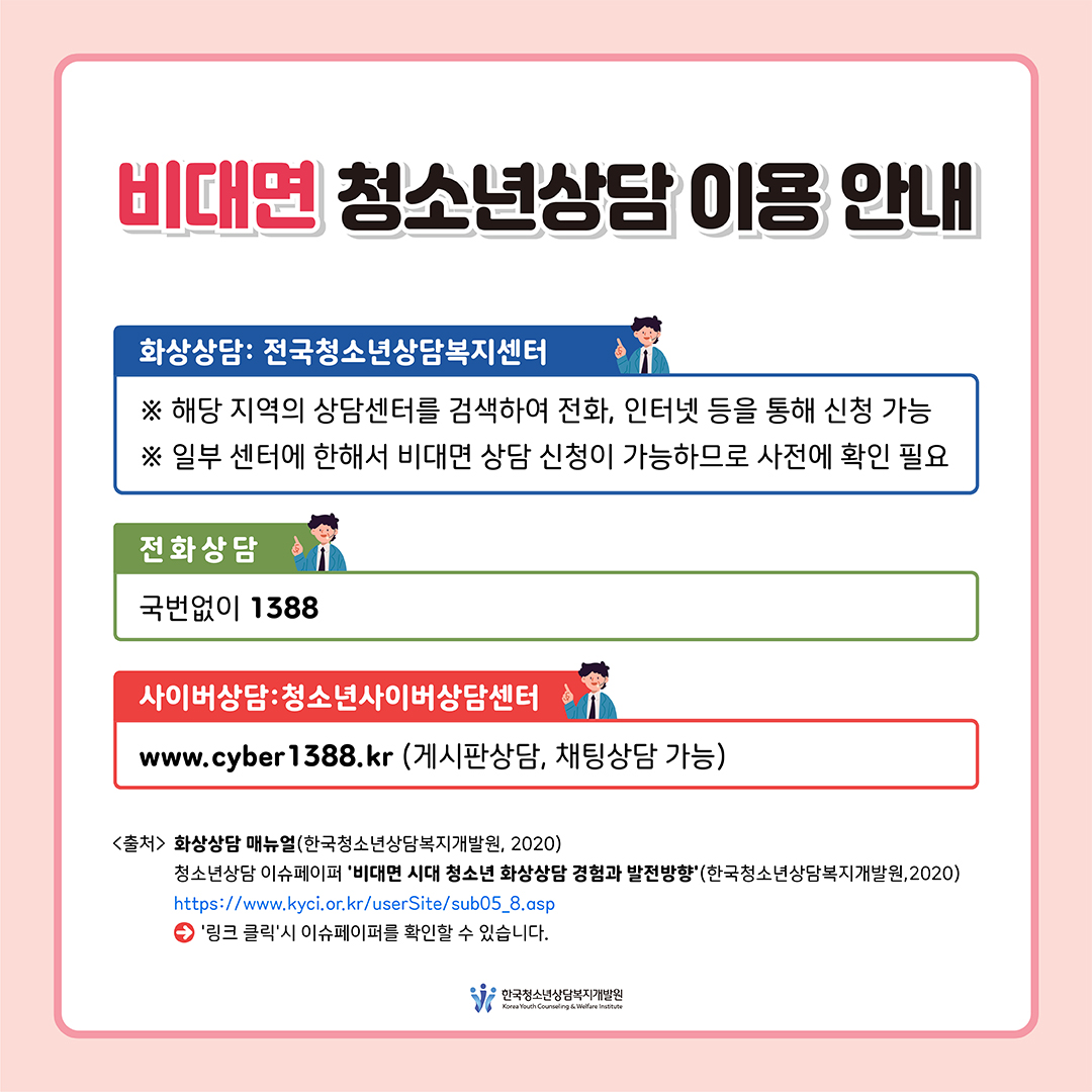 [비대면 청소년상담 이용 안내 ] ▶화상상담: 전국청소년상담복지센터   ※ 해당 지역의 상담센터를 검색하여 전화, 인터넷 등을 통해 신청 가능   ※ 일부 센터에 한해서 비대면 상담 신청이       가능하므로 사전에 확인 필요 ▶청소년 전화: 국번없이 1388 ▶청소년사이버상담센터: www.cyber1388.kr (게시판상담, 채팅상담 가능) <출처> 화상상담 매뉴얼(한국청소년상담복지개발원, 2020), 청소년상담 이슈페이퍼 '비대면 시대 청소년 화상상담 경험과 발전방향'(한국청소년상담복지개발원,2020), https://www.kyci.or.kr/userSite/sub05_8.asp '링크 클릭'시 이슈페이퍼를 확인할 수 있습니다.